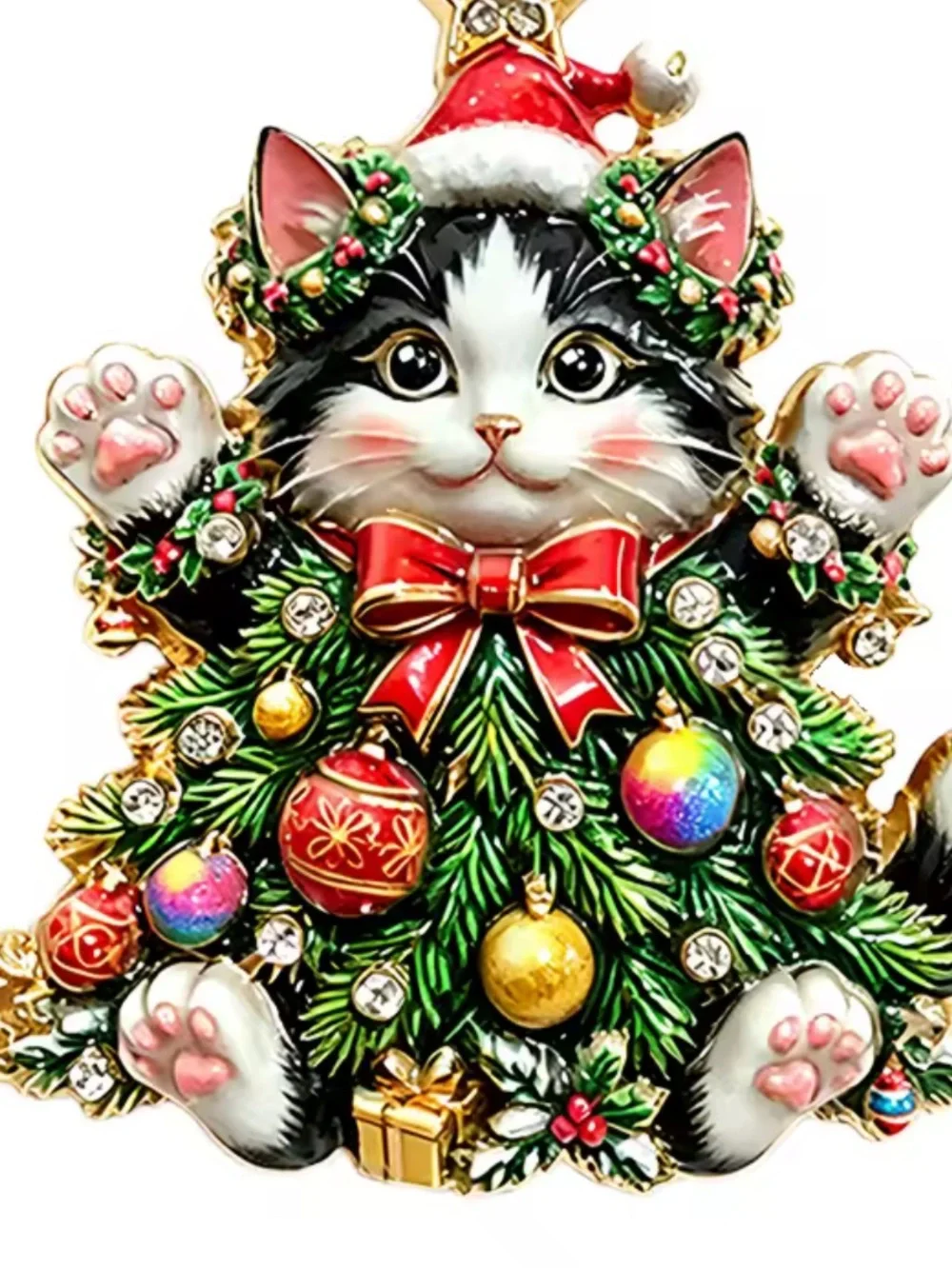 Cozy Christmas Cat Gold Tree Brooch